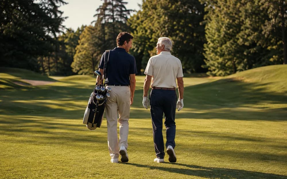 A man carrying a golf bag walks the course beside his father