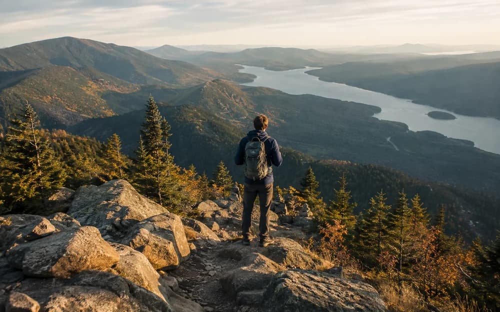 A hiker with a backpack looking out over a mountain lake from a rocky summit
